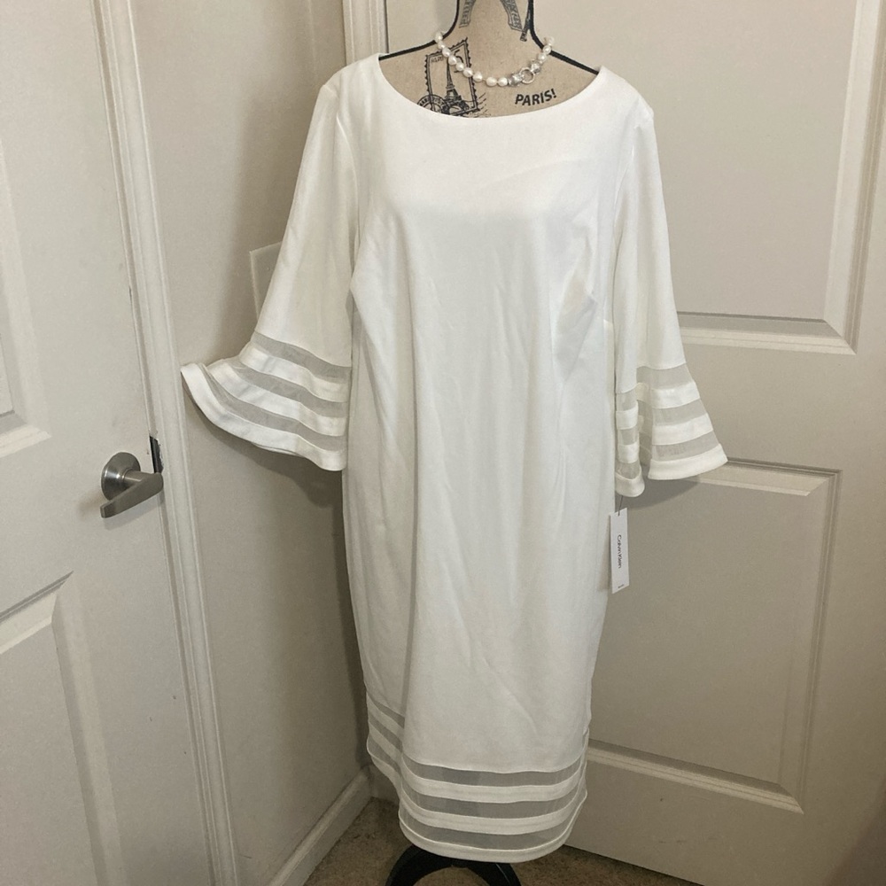 Calvin Klein White Midi Sheath  Dress with Sheer Stripe Accents